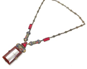 1920s Art Deco Czechoslovakian Red Glass and Enamel Vintage Pendant Necklace