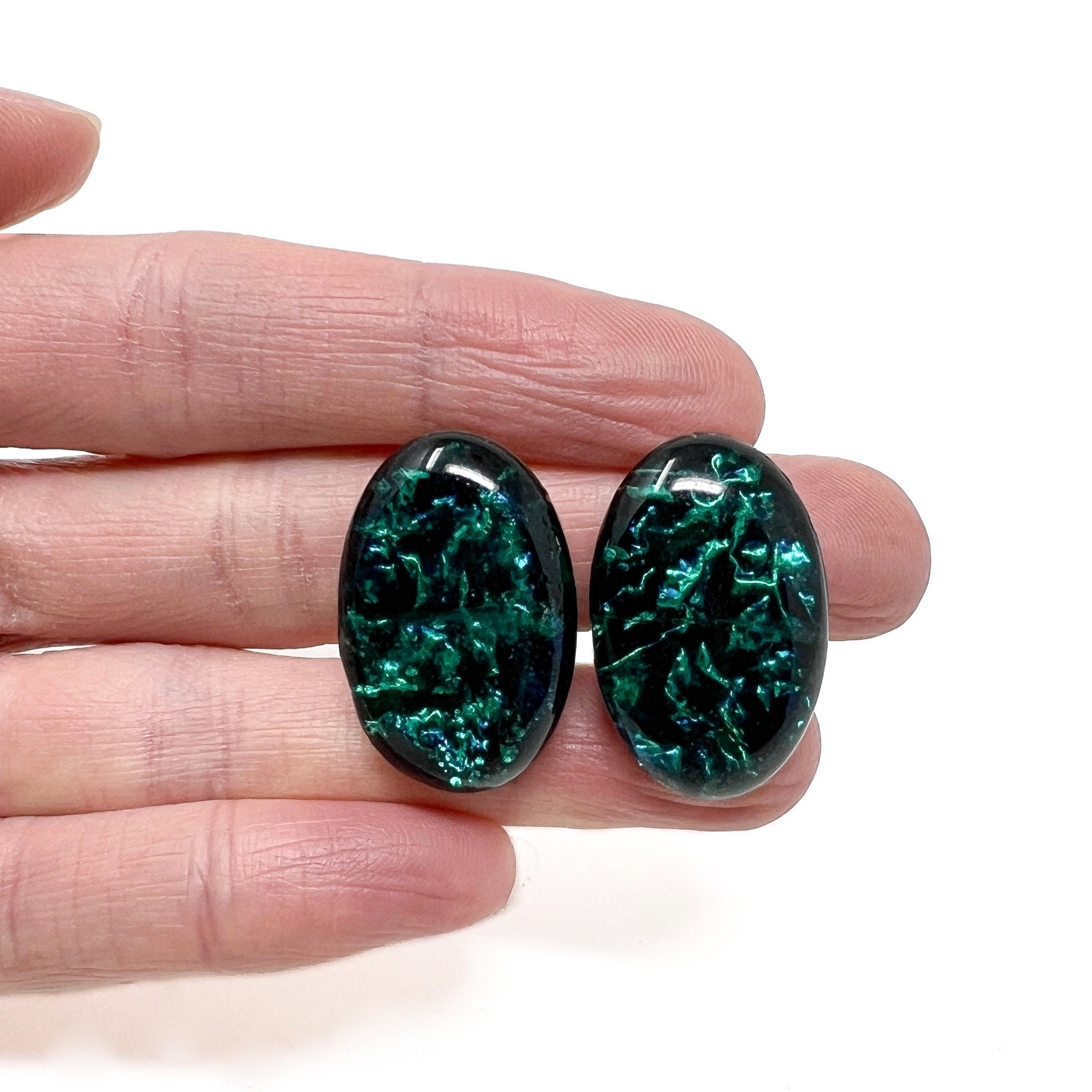 Boucles D'oreilles Vintage Années 50 En Verre Vert D'eau Et Cuivre - Modèle Puces à Clip