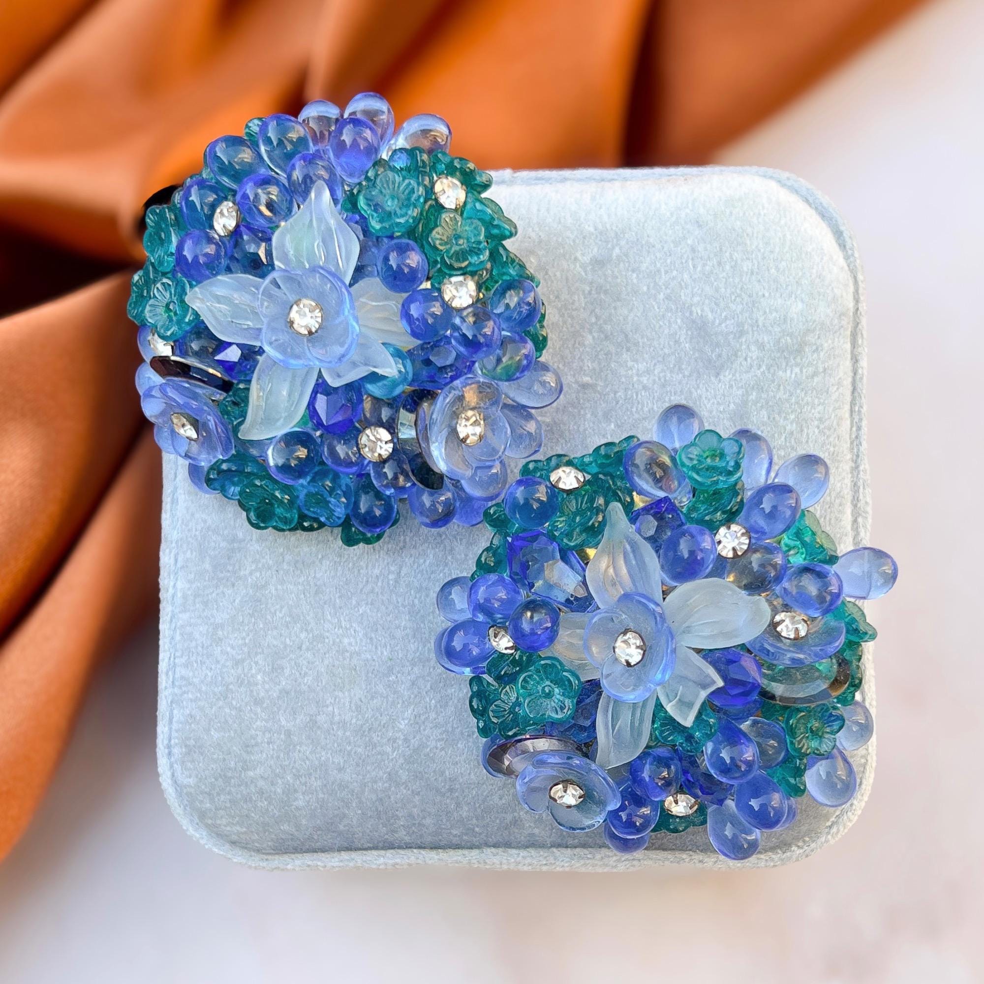 Vintage 1970s Earrings Blue Glass Floral Statement Clip Ons - Etsy