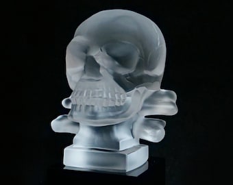 ART DECO Crystal Glass Memento Mori Skull Car Mascot Sculpture Statuette Clear Heinrich Hoffmann Czech Bohemian France Decoration