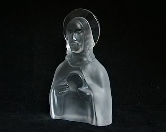 ART DECO Crystal Glass Jesus Christ Sculpture Statuette Figurine Artur Pleva Curt Schlevogt Clear Christian Religious Decoration