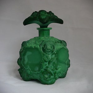 ART DECO JADE Malachite Flacon Perfume Bottle Czech Bohemian Cut Glass Schlevogt Ingrid 1930 Jablonec Czechoslovakia