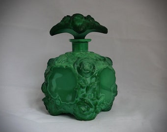 ART DECO JADE Malachite Flacon Perfume Bottle Czech Bohemian Cut Glass Schlevogt Ingrid 1930 Jablonec Czechoslovakia