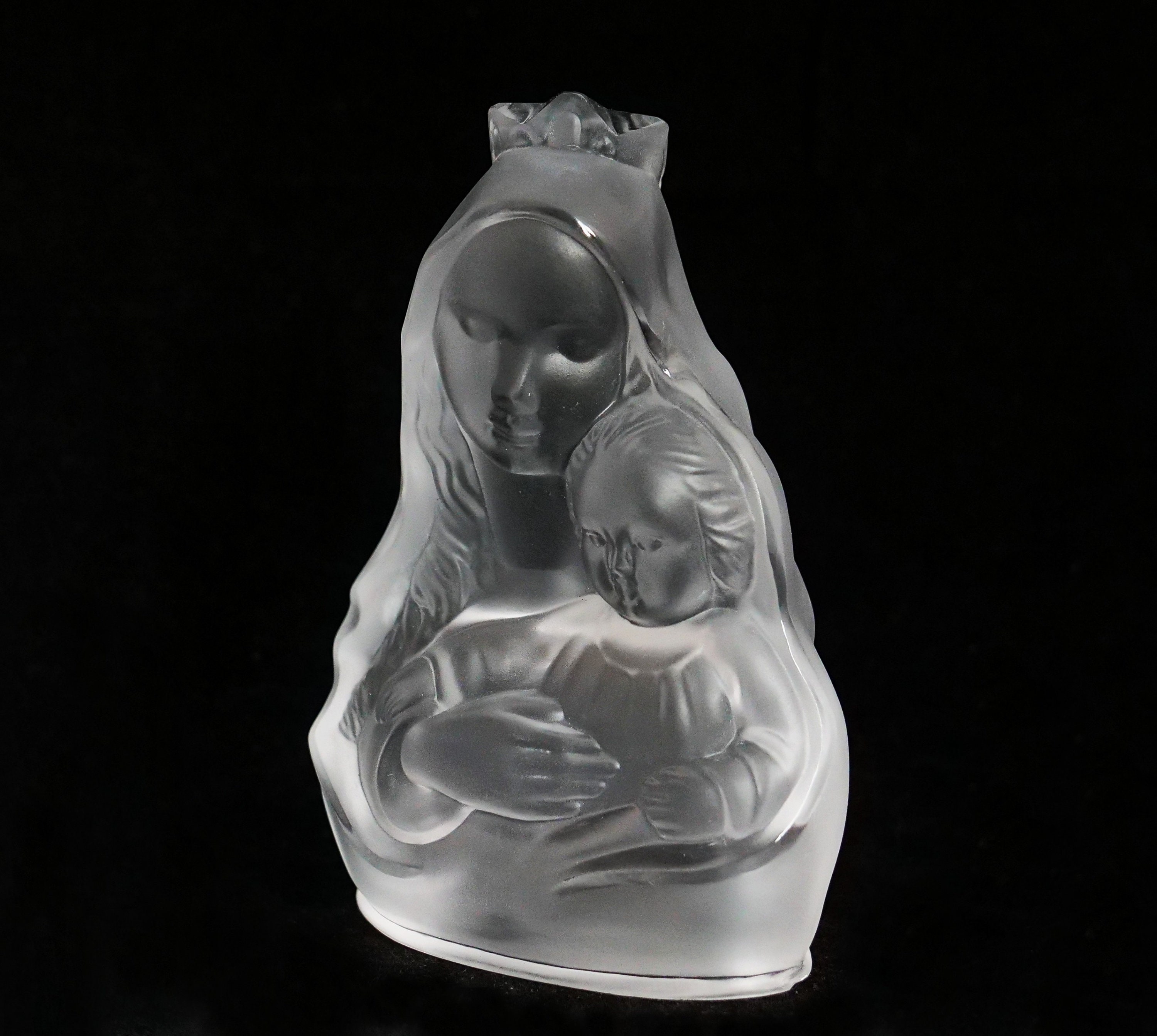 ART DECO Crystal Glass Madonna With Child Sculpture Statuette Figurine