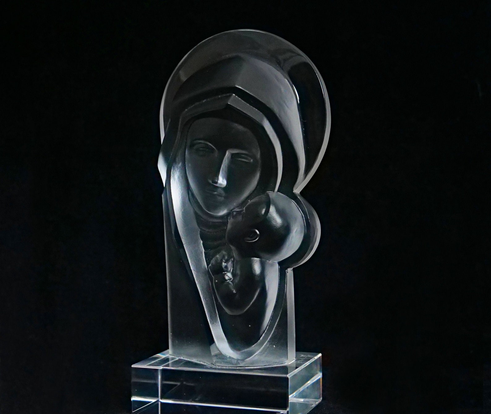 ART DECO Crystal Glass Madonna With Child Sculpture Statuette Figurine