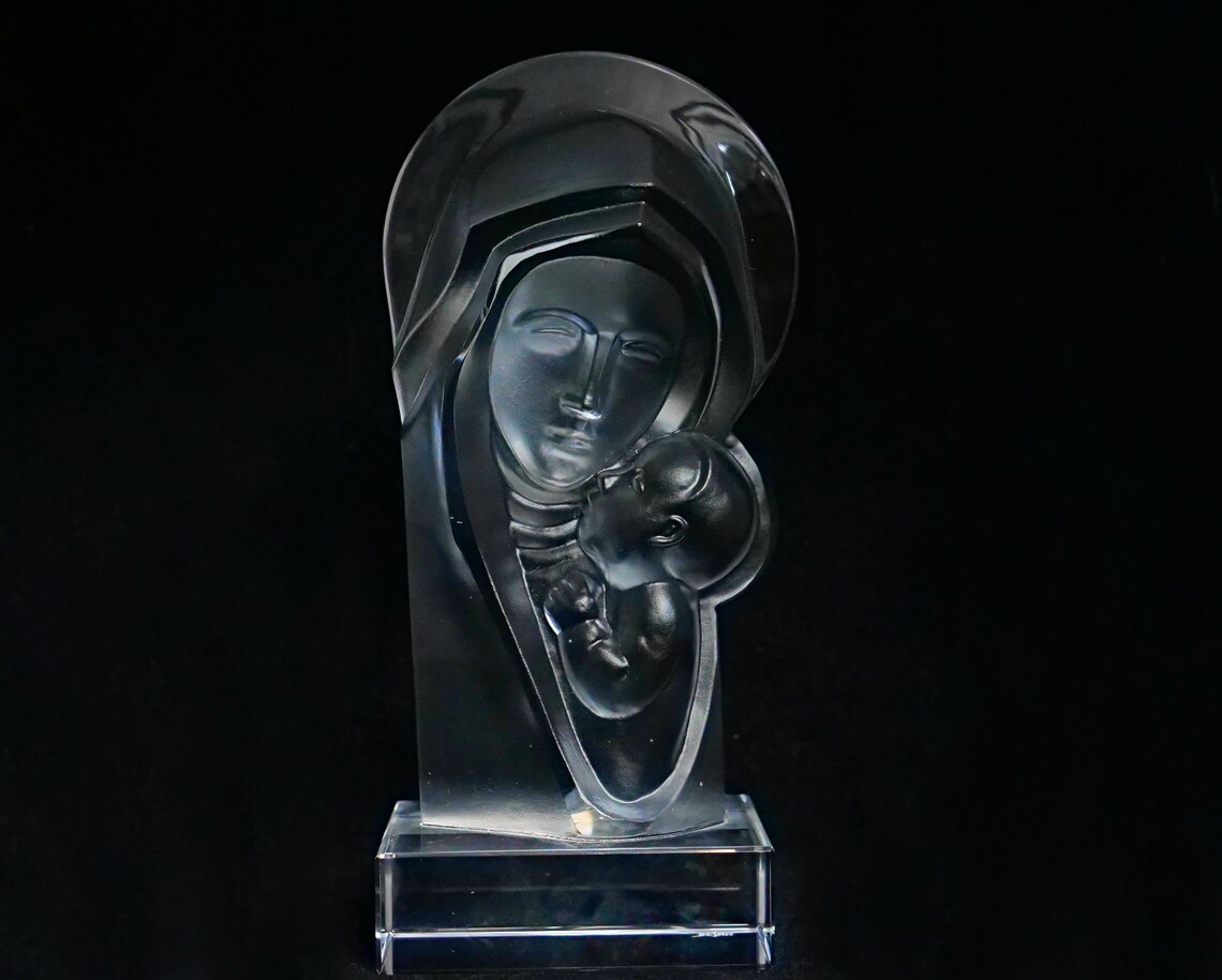 ART DECO Crystal Glass Madonna With Child Sculpture Statuette Figurine