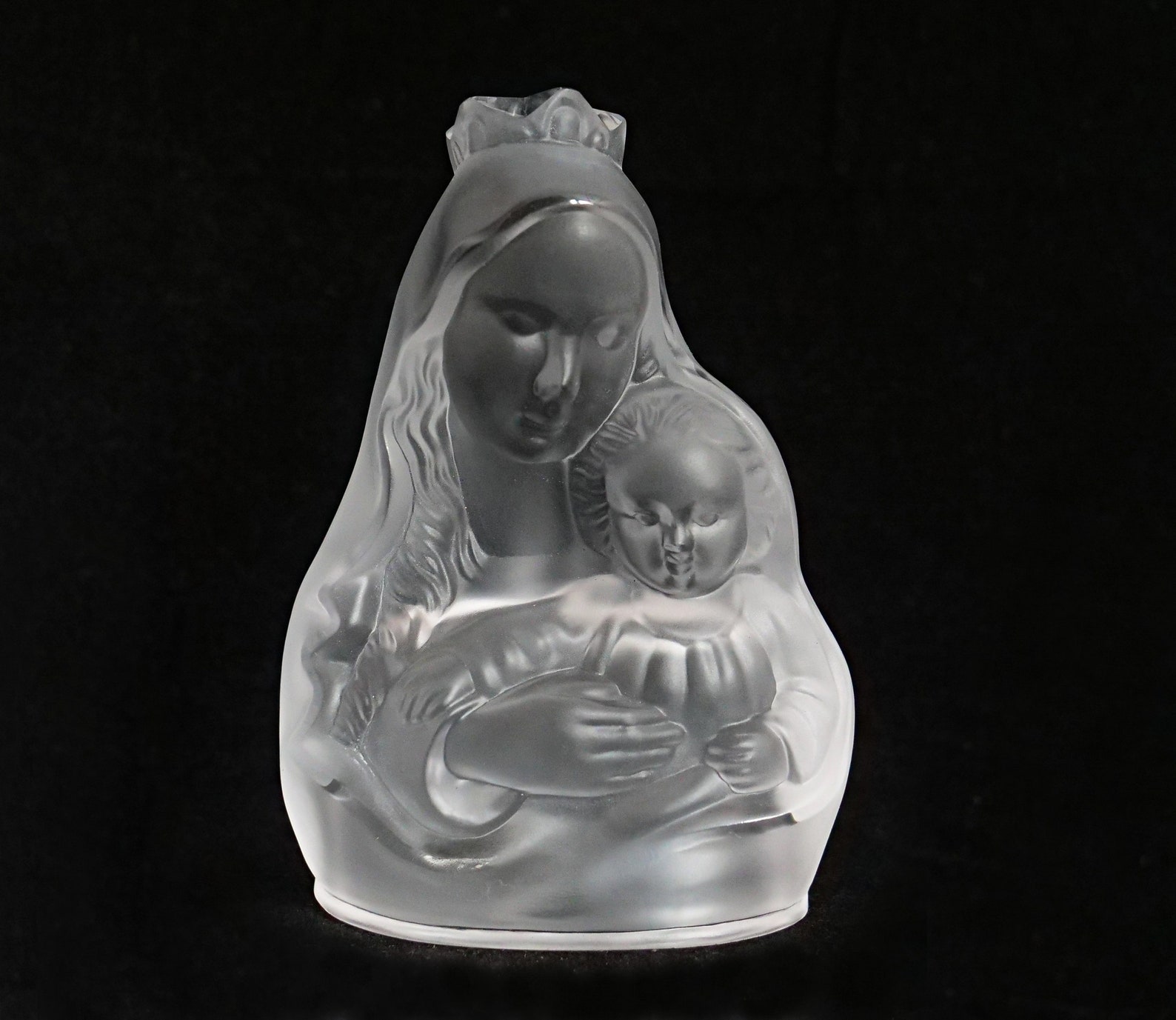 ART DECO Crystal Glass Madonna With Child Sculpture Statuette Figurine