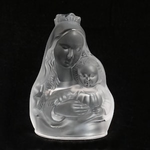 ART DECO Crystal Glass Madonna with Child Sculpture Statuette Figurine Artur Pleva Curt Schlevogt Clear Christian Religious Decoration