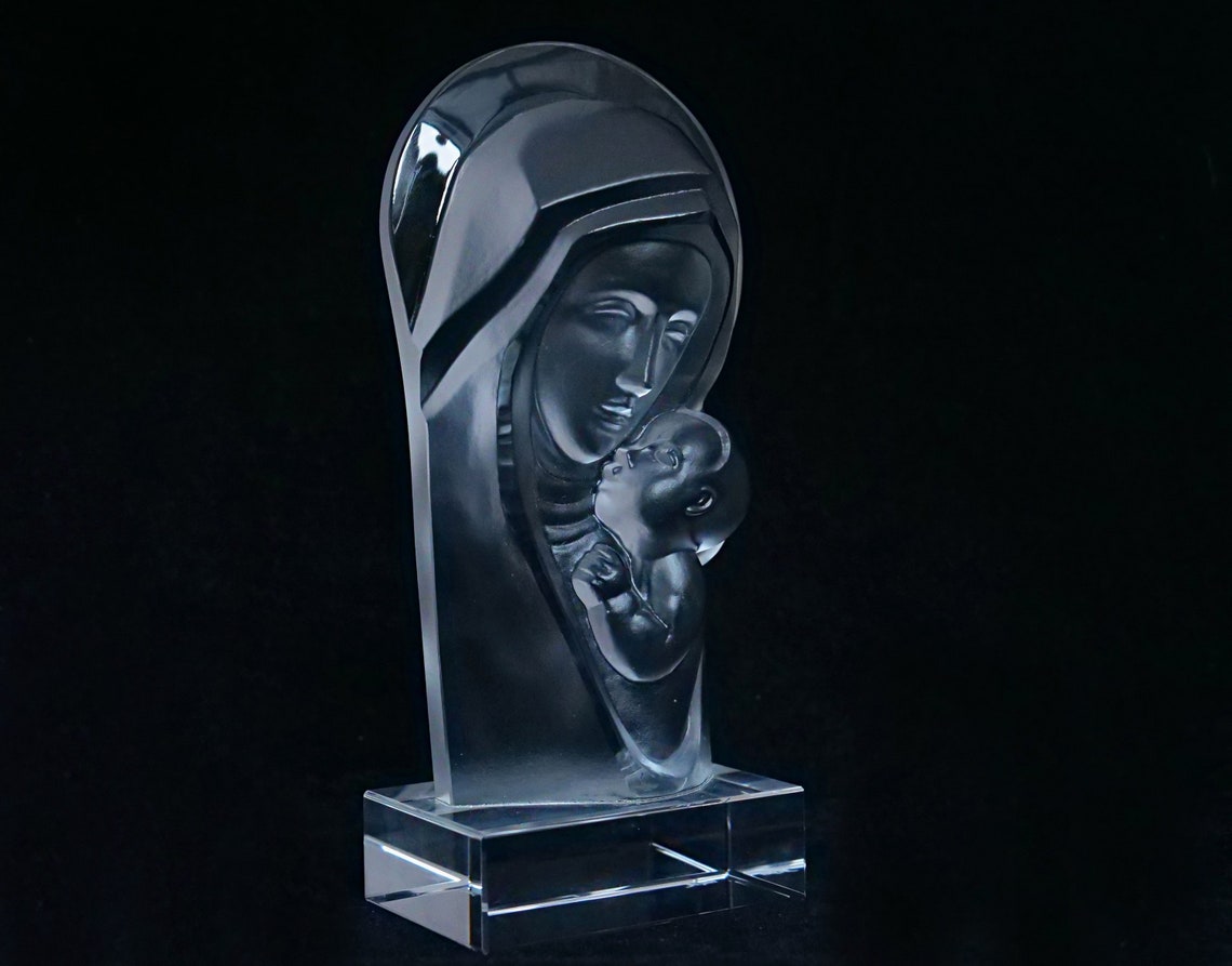ART DECO Crystal Glass Madonna With Child Sculpture Statuette Figurine