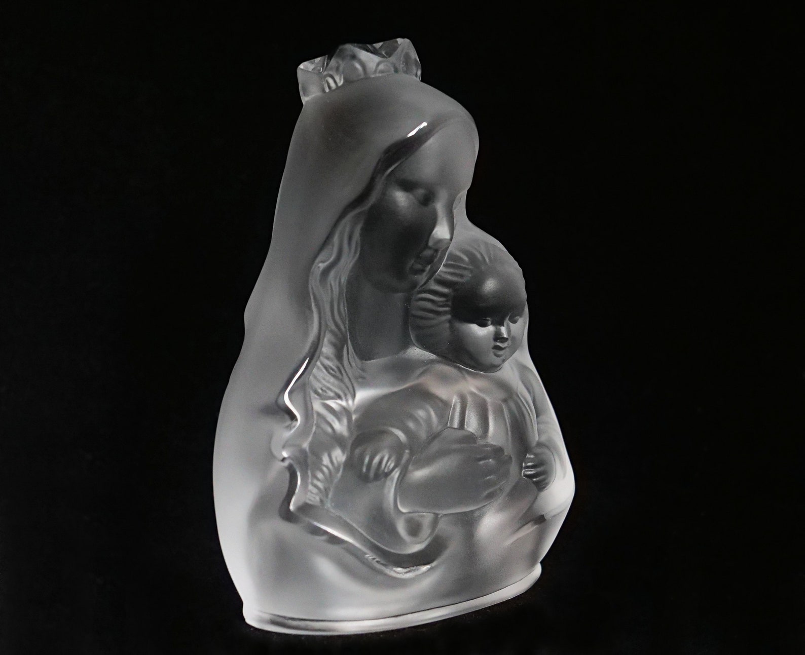 ART DECO Crystal Glass Madonna With Child Sculpture Statuette Figurine