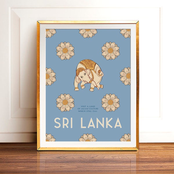 Sri Lankan Elephant Illustrated Print Blue | Sri Lanka Poster | Sri Lanka Travel Wall Art | Ceylon Vintage Poster | Travel Memory Gift