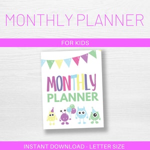 Monthly Planner for Kids, Undated Calendar Printable, School Calendar, Monster Diary Printable image 2