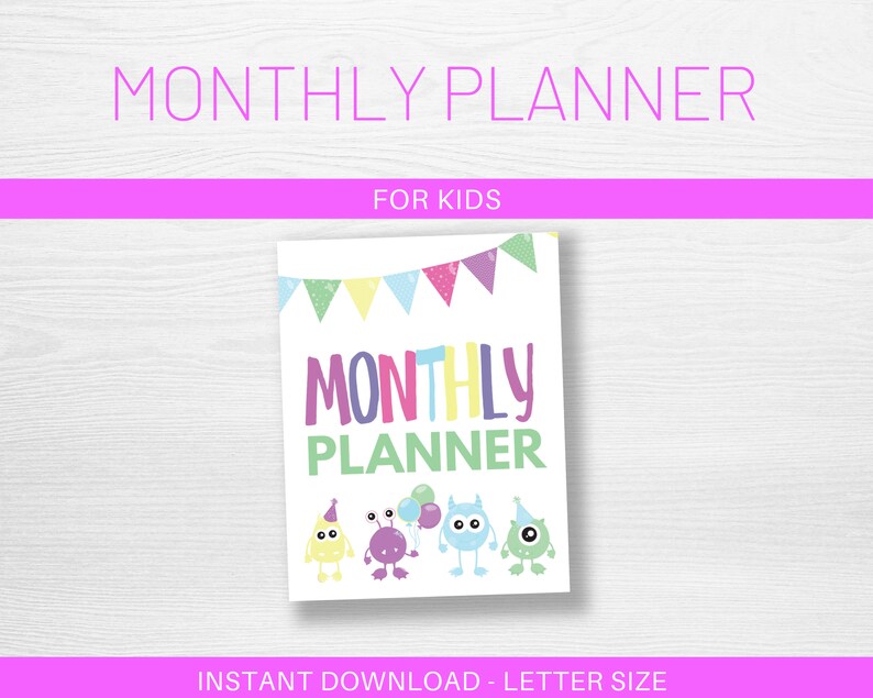 Monthly Planner for Kids, Undated Calendar Printable, School Calendar, Monster Diary Printable image 2