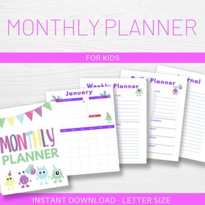 Monthly Planner for Kids, Undated Calendar Printable, School Calendar, Monster Diary Printable image 3