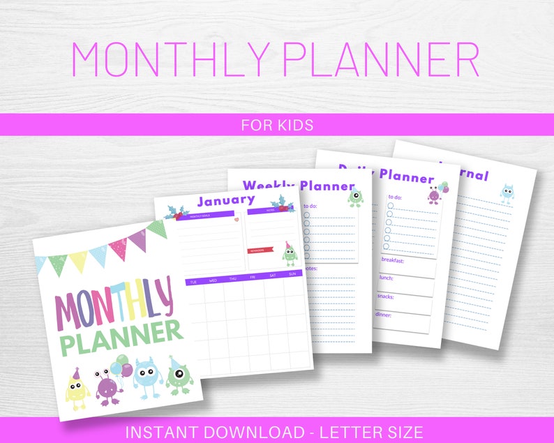 Monthly Planner for Kids, Undated Calendar Printable, School Calendar, Monster Diary Printable image 3