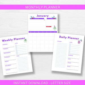 Monthly Planner for Kids, Undated Calendar Printable, School Calendar, Monster Diary Printable image 4