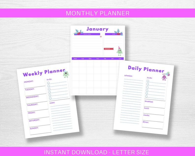 Monthly Planner for Kids, Undated Calendar Printable, School Calendar, Monster Diary Printable image 4