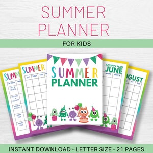 Summer Planner for Kids, Printable Summer Calendar, Summer Checklist, Summer Chore Chart, Colorful Printable