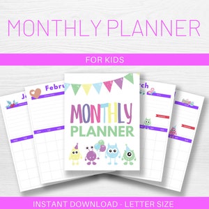 Monthly Planner for Kids, Undated Calendar Printable, School Calendar, Monster Diary Printable image 1