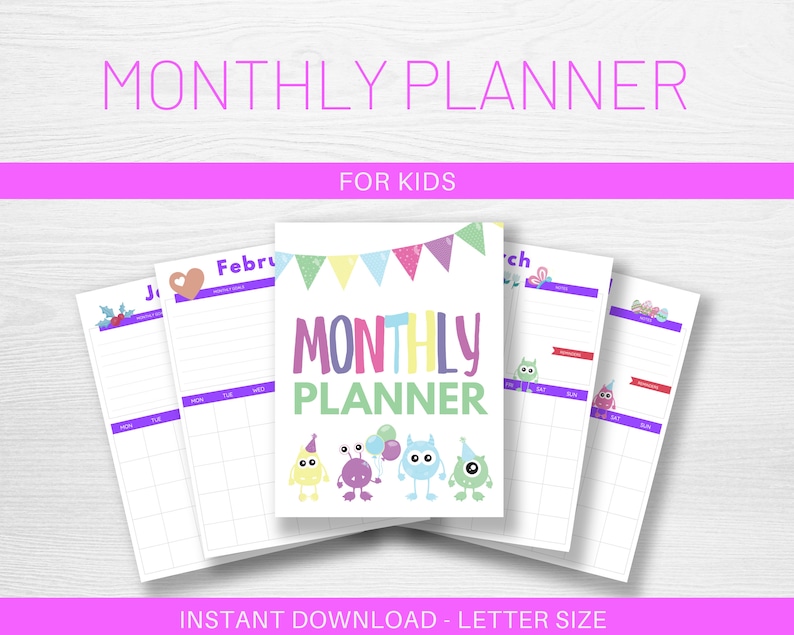 Monthly Planner for Kids, Undated Calendar Printable, School Calendar, Monster Diary Printable image 1