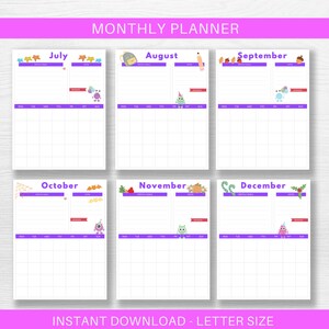 Monthly Planner for Kids, Undated Calendar Printable, School Calendar, Monster Diary Printable image 6
