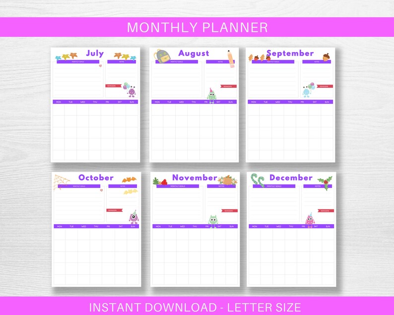 Monthly Planner for Kids, Undated Calendar Printable, School Calendar, Monster Diary Printable image 6