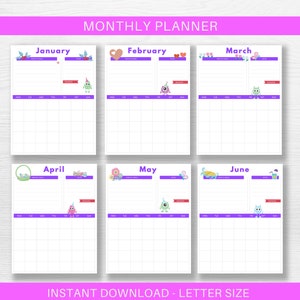 Monthly Planner for Kids, Undated Calendar Printable, School Calendar, Monster Diary Printable image 5