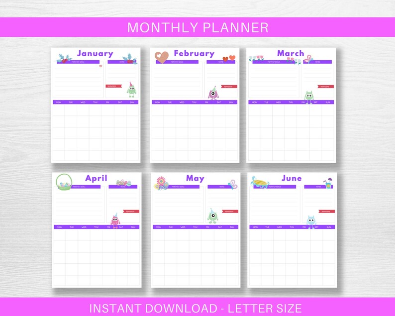 Monthly Planner for Kids, Undated Calendar Printable, School Calendar, Monster Diary Printable image 5