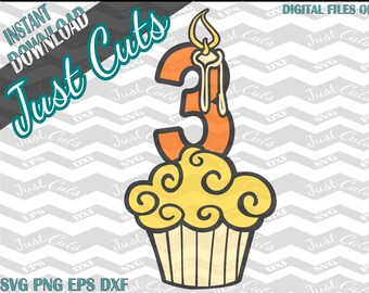 3rd Birthday SVG, Birthday Cupcake, Third Birthday, Birthday svg, Cupcake svg, birthday, candle, cupcake, 3 Birthday, svg files, DXF, png, 3