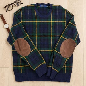 Suéter vintage Polo Ralph Lauren tamanho G em lã com estampa xadrez tartan e cotoveleiras, estilo preppy.