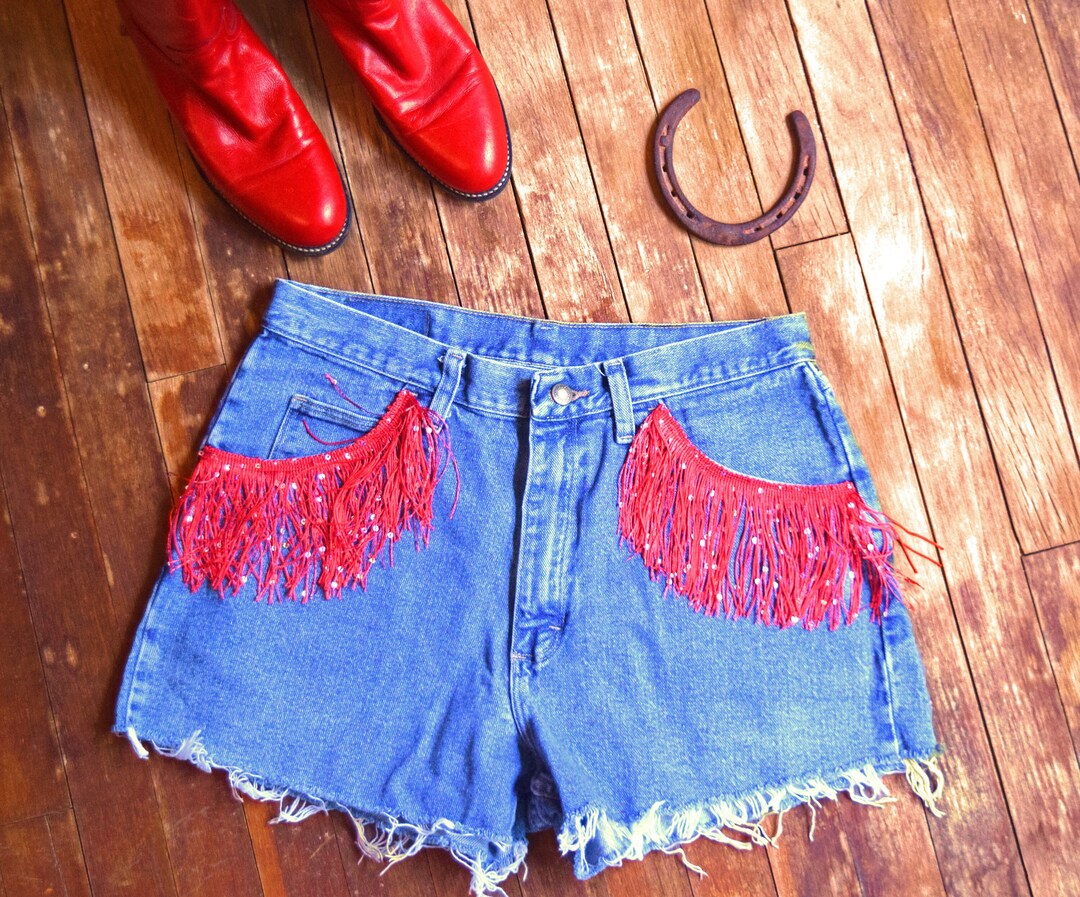 Wrangler Red Fringe Western Shorts, Cut off Western Shorts, Denim Cut