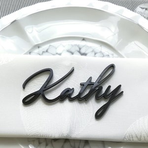 Tarjetas de lugar para bodas de acrílico negro / Etiqueta de nombre de acrílico cortada con láser / Letrero de boda personalizado