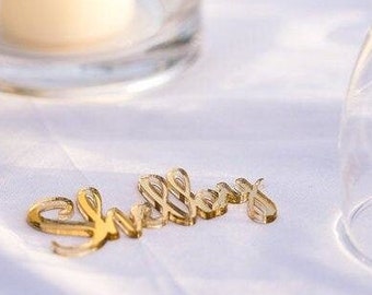 Wedding place cards, laser cut names for wedding table decoration, custom name place cards, golden mirror place card, acrylic place card