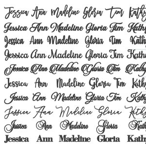May include: A set of ten personalized name tags with the names Jessica, Ann, Madeline, Gloria, Tim, and Kathy. The names are written in a cursive font and are arranged in a vertical column. The tags are numbered 1 through 10.