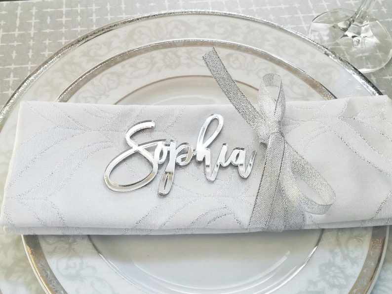 silver mirror wedding place cards, place cards for wedding, acrylic name place card