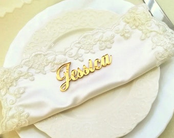 Wedding place cards, laser cut names for wedding table decoration, custom name place cards, golden mirror placecards