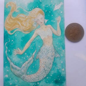 La petite sirène, peinture miniature, sirène, aquarelle, cadeau, oeuvre d&#39;art originale, peinture, art miniature