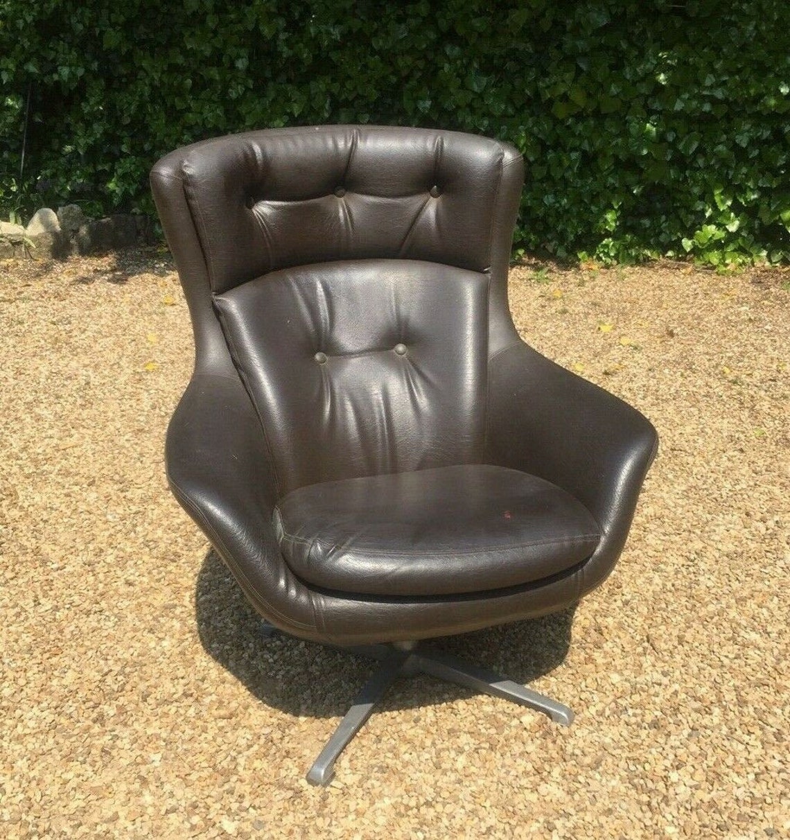Vintage Mid Century Dark Brown Faux Leather Swivel Egg Chair Etsy