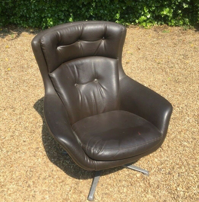 Vintage Mid Century Dark Brown Faux Leather Swivel Egg Chair Etsy