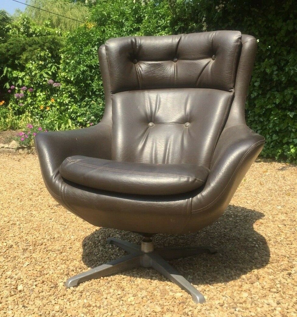 Vintage Mid Century Dark Brown Faux Leather Swivel Egg Chair Etsy