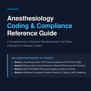 May include: A dark blue reference guide titled Anesthesiology Coding & Compliance Reference Guide. It lists four modules including Anesthesia Section CPT Coding Guidelines, Step-by-Step Coding Workflow, ASA CROSSWALK Surgical Mapping, and Advanced Compliance.