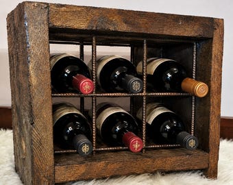 Wooden Wine Rack, 6 Bottle Holder, Industrial, Rustic, Handmade Solid Wood Wine Organizer