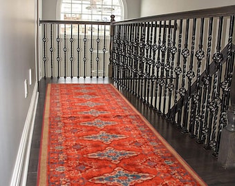Custom Size Runner Rug Red and Terra Oriental Medallion, Canvas Backing Hotel Quality Pick Your Own Size By Up to 50 Ft, 26" or 35" Wide