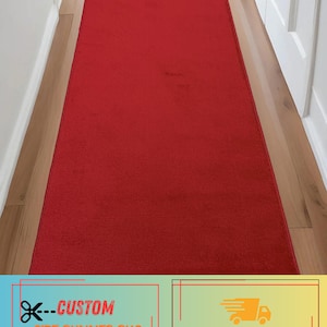 Custom Size Red Runner Rug: Skid Resistant, Machine Washable  26", 32" , 36" Wide, Up to 50 Ft Long