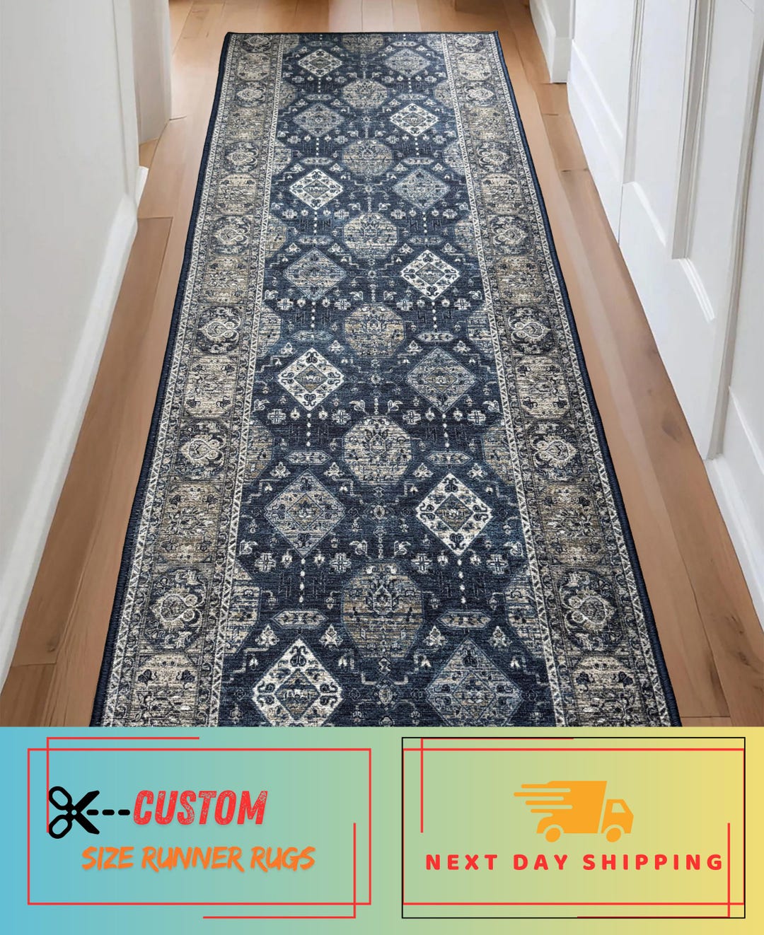 Custom Size Washable Runner Rug – Slip-resistant, Medallion Design, 26 ...