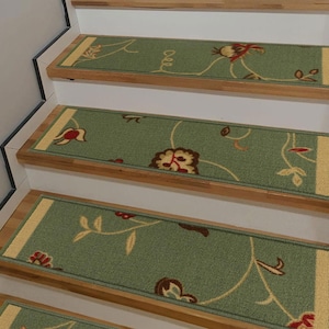 Machine Washable Custom Size Stair Treads By Inches Floral Scroll Green Slip Resistant Stair Treads  26&quot;,  36&quot; Width (Set of 13)