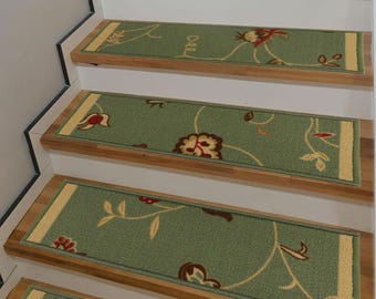 Floral Scroll Green Stair Treads: Custom Size, Slip Resistant (Set of 13) ( 26" - 36" Width )