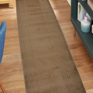 Machine Washable Beige Runner Rug: Trellis Border, Skid Resistant, Custom Size
