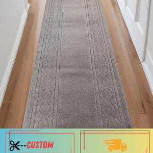 Custom Size Moroccan Trellis Grey Runner Rug: Skid Resistant, Machine Washable