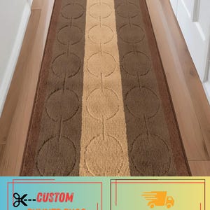 Custom Size Brown Abstract Runner Rug: Skid Resistant, Platin Circles Design 26" , 32" , 36" Wide Options